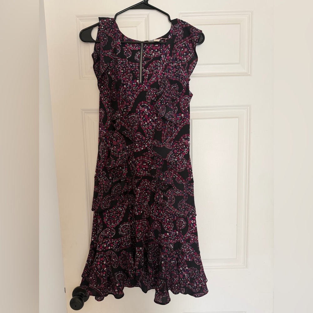 Sleeveless Black and Magenta Floral Print Midi Dress